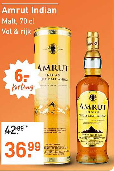 Amrut Indian Malt, 70 cl Vol & rijk