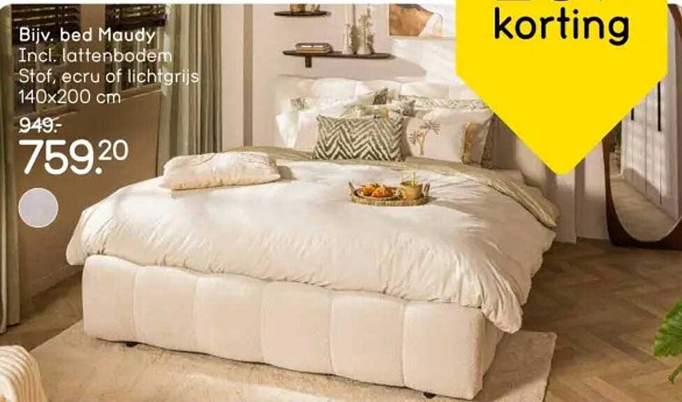 Bijv. bed Maudy Incl. lattenbodem Stof, ecru of lichtgrijs 140x200 cm korting