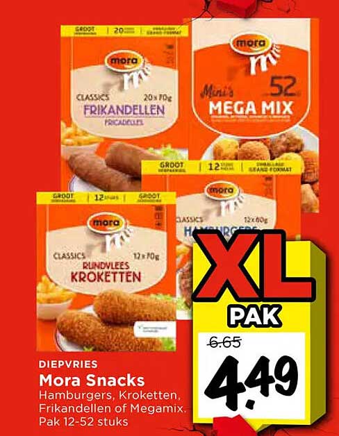 Mora Snacks Hamburgers, Kroketten, Frikandellen of Megamix. Pak 12-52 stuks XL PAK