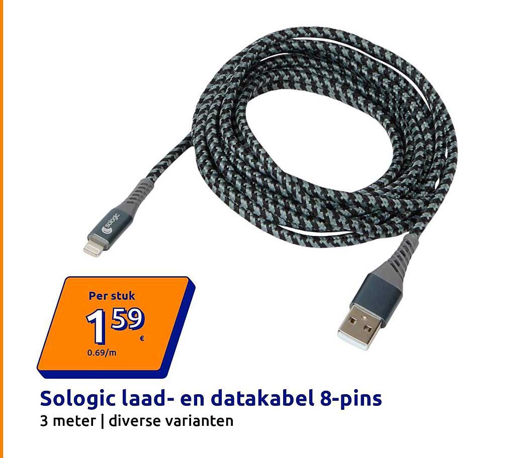 Sologic laad- en datakabel 8-pins 3 meter | diverse varianten