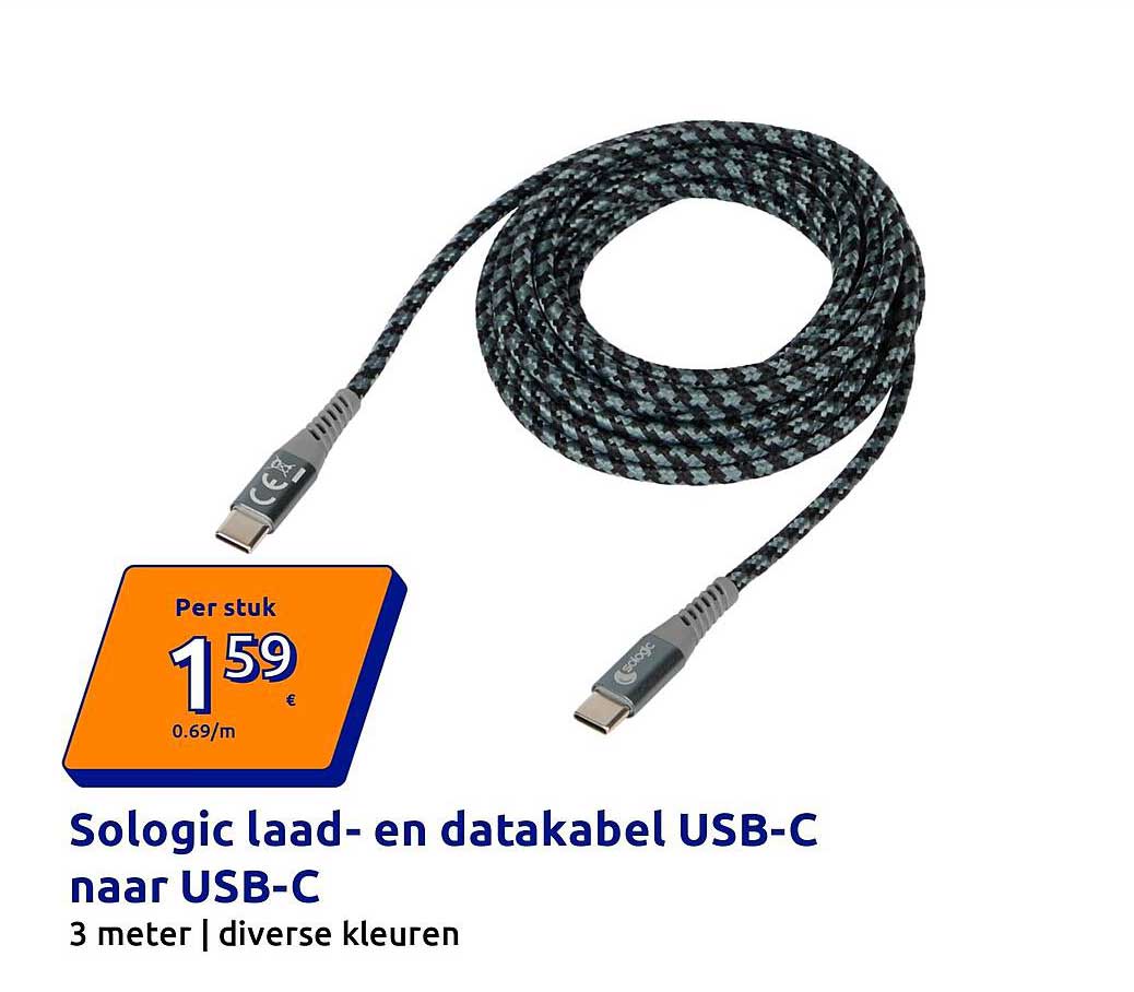 Sologic laad- en datakabel USB-C naar USB-C 3 meter | diverse kleuren