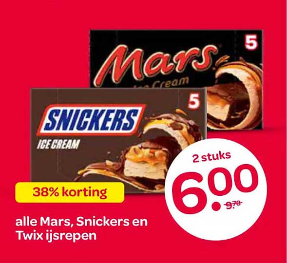 alle Mars, Snickers en Twix ijsrepen 38% korting
