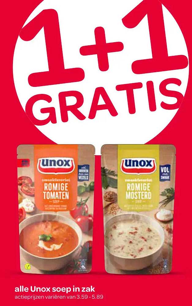 alle Unox soep in zak 1+1 gratis
