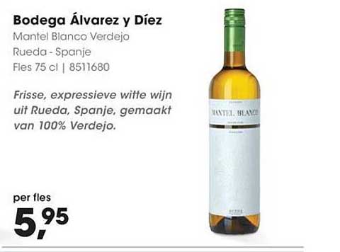 Bodega Álvarez y Diez Mantel Blanco Verdejo Rueda - Spanje Fles 75 cl | 851680