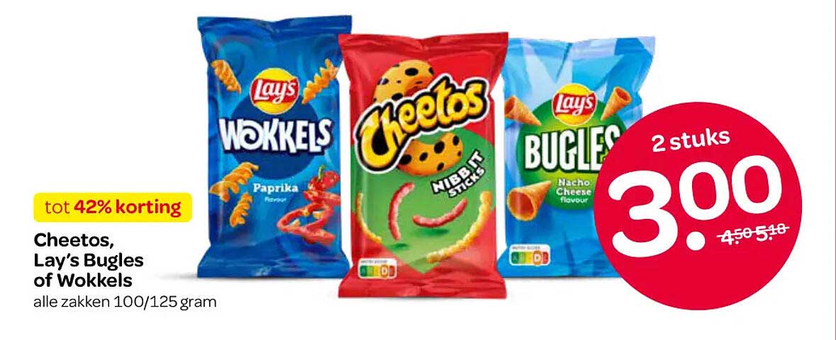 Cheetos, Lay’s Bugles of Wokkels tot 42% korting