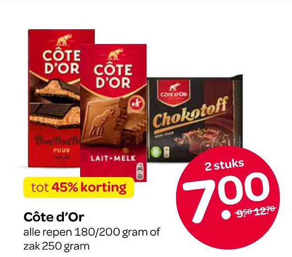 Côte d'Or alle repen 180/200 gram of zak 250 gram tot 45% korting