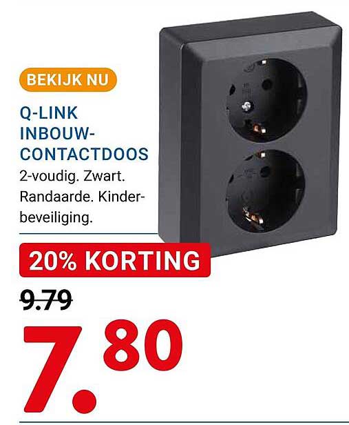 Q-LINK INBOUW-CONTACTDOOS 2-voudig. Zwart. Randaarde. Kinderbeveiliging. 20% KORTING