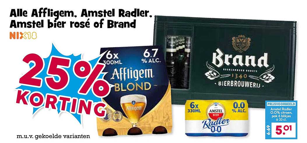 Alle Affligem, Amstel Radler, Amstel bier rosé of Brand 25% KORTING