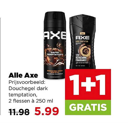 Alle Axe Prijsvoorbeeld: Douchegel dark temptation, 2 flessen à 250 ml 1+1 GRATIS