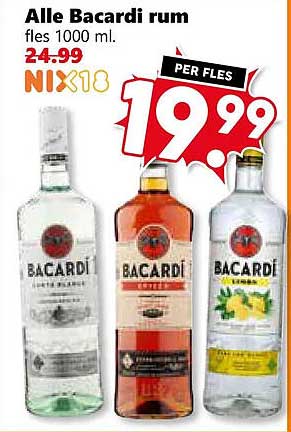 Alle Bacardi rum fles 1000 ml. PER FLES