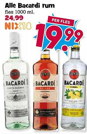 Alle Bacardi rum fles 1000 ml. PER FLES
