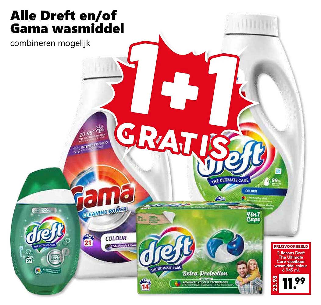 Alle Dreft en/of Gama wasmiddel combineren mogelijk 1+1 gratis