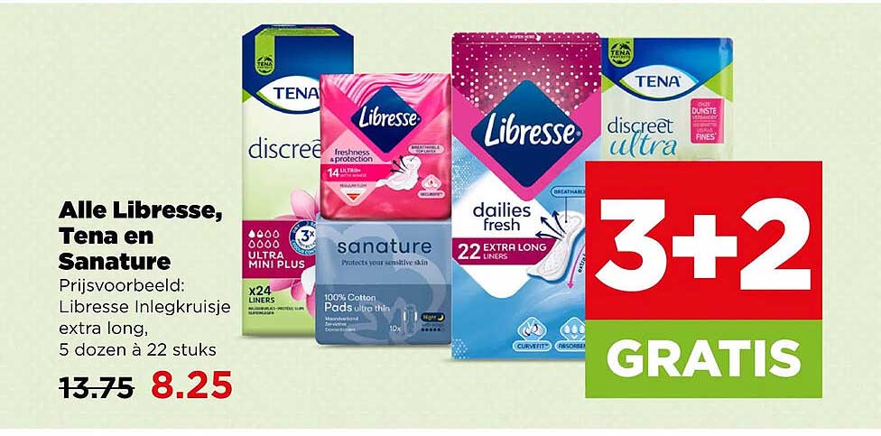 Alle Libresse, Tena en Sanature 3+2 GRATIS