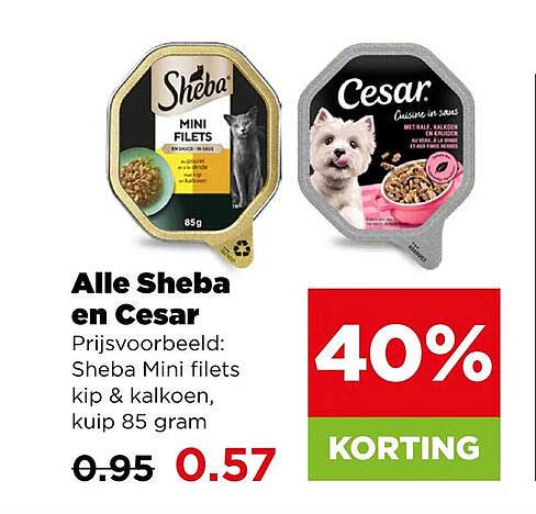Alle Sheba en Cesar Prijsvoorbeeld: Sheba Mini filets kip & kalkoen, kuip 85 gram 40% KORTING
