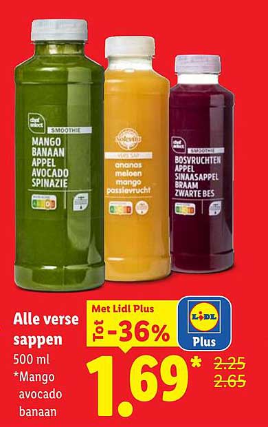 Alle verse sappen 500 ml *Mango avocado banaan Met Lidl Plus Tot -36%