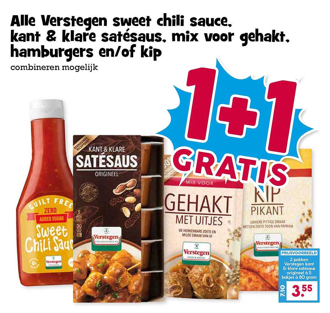 Alle Verstegen sweet chili sauce, kant & klare satésaus, mix voor gehakt, hamburgers en/of kip combineren mogelijk 1+1 gratis
