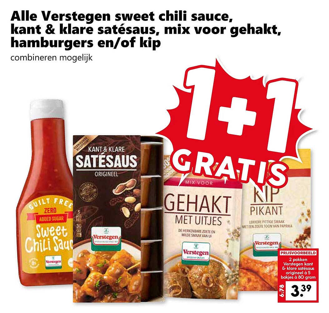 Alle Verstegen sweet chili sauce, kant & klare satésaus, mix voor gehakt, hamburgers en/of kip combineren mogelijk 1+1 GRATIS