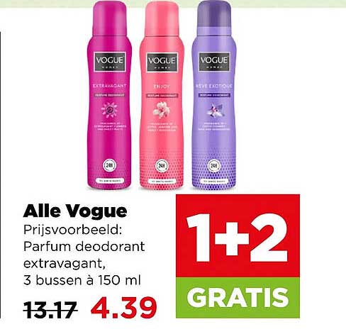Alle Vogue Prijsvoorbeeld: Parfum deodorant extravagant, 3 bussen à 150 ml 1+2 GRATIS
