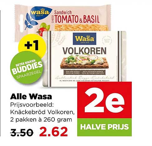 Alle Wasa Prijsvoorbeeld: Knäckebröd Volkoren, 2 pakken à 260 gram 2e halve prijs