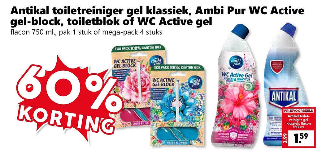 Antikal toiletreiniger gel klassiek, Ambi Pur WC Active gel-block, toiletblok of WC Active gel 60% korting