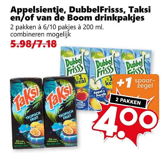Appelsientje, DubbelFrisss, Taksi en/of van de Boom drinkpakjes +1 spaarzegel 2 pakken
