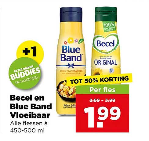 Becel en Blue Band Vloeibaar - +1 Beter Bikken BUDDIES spaarsregel - TOT 50% KORTING Per fles