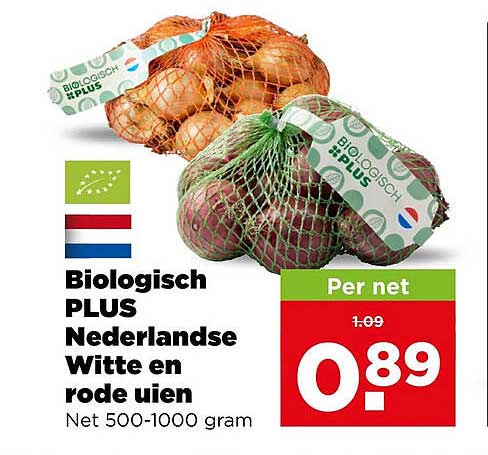 Biologisch PLUS Nederlandse Witte en rode uien Net 500-1000 gram