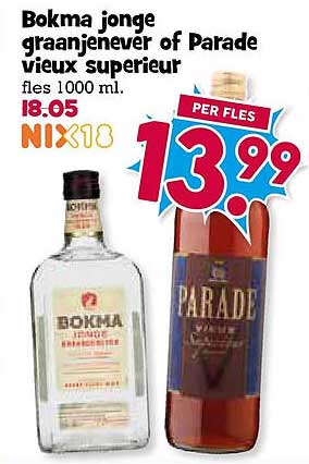 Bokma jonge graanjenever of Parade vieux superieur fles 1000 ml.