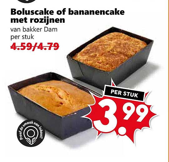 Boluscake of bananencake met rozijnen van bakker Dam per stuk