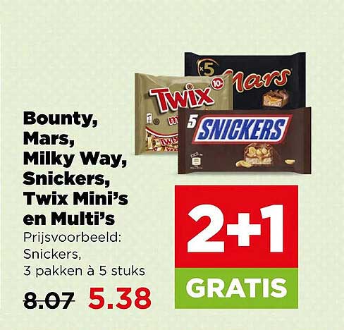 Bounty, Mars, Milky Way, Snickers, Twix Mini’s en Multi’s 2+1 GRATIS