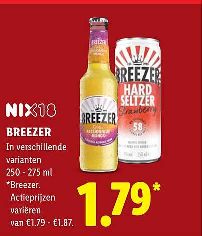 BREEZER In verschillende varianten 250 - 275 ml *Breezer. Actieprijzen variëren van €1.79 - €1.87