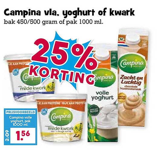 Campina vla, yoghurt of kwark bak 450/500 gram of pak 1000 ml. 25% KORTING