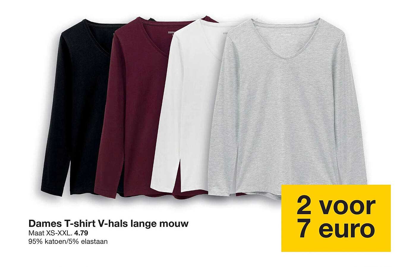 Dames T-shirt V-hals lange mouw 2 voor 7 euro