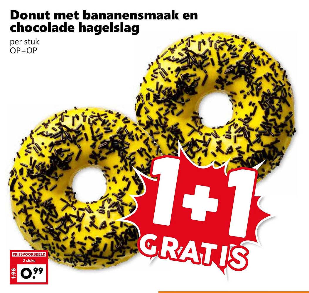 Donut met bananensmaak en chocolade hagelslag 1+1 GRATIS