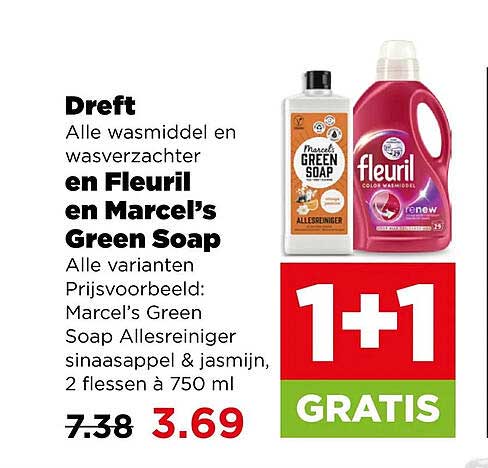 Dreft Alle wasmiddel en wasverzachter en Fleuril en Marcel's Green Soap 1+1 GRATIS