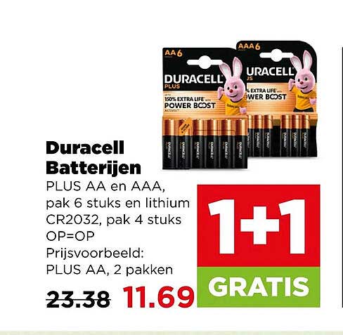 Duracell Batterijen PLUS AA en AAA, pak 6 stuks en lithium CR2032, pak 4 stuks OP=OP 1+1 GRATIS