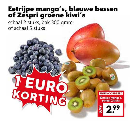 Eetrijpe mango’s, blauwe bessen of Zespri groene kiwi’s 1 EURO KORTING