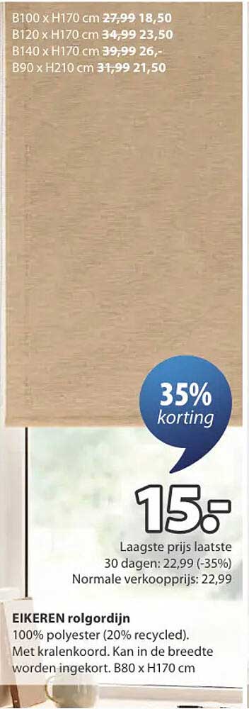 EIKEREN rolgordijn 35% korting