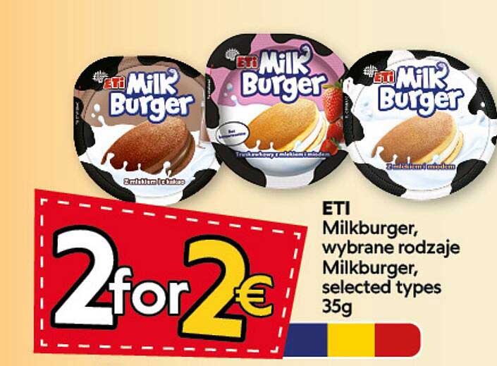 ETI Milkburger, wybrane rodzaje Milkburger, selected types 35g 2 for 2€