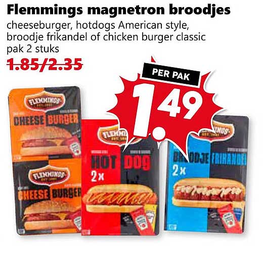 Flemmings magnetron broodjes cheeseburger, hotdogs American style, broodje frikandel of chicken burger classic pak 2 stuks