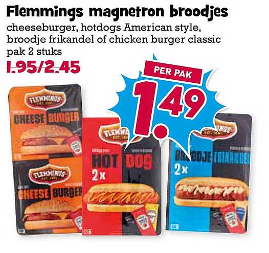 Flemmings magnetron broodjes cheeseburger, hotdogs American style, broodje frikandel of chicken burger classic pak 2 stuks
