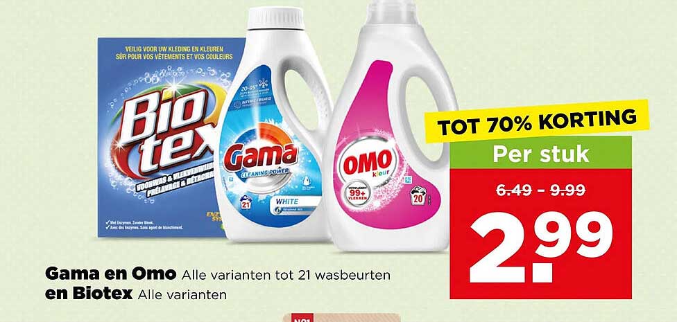 Gama en Omo alle varianten tot 21 wasbeurten en Biotex alle varianten TOT 70% KORTING
