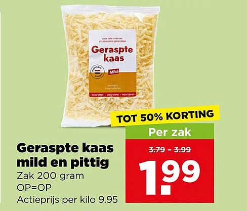 Geraspte kaas mild en pittig Zak 200 gram OP=OP Tot 50% korting