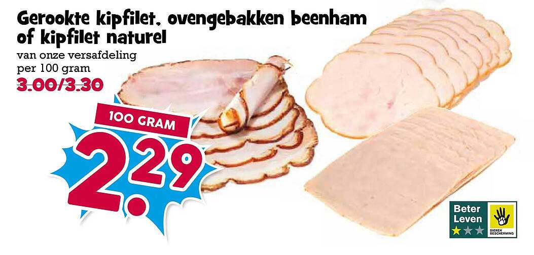 Gerookte kipfilet, ovengebakken beenham of kipfilet naturel