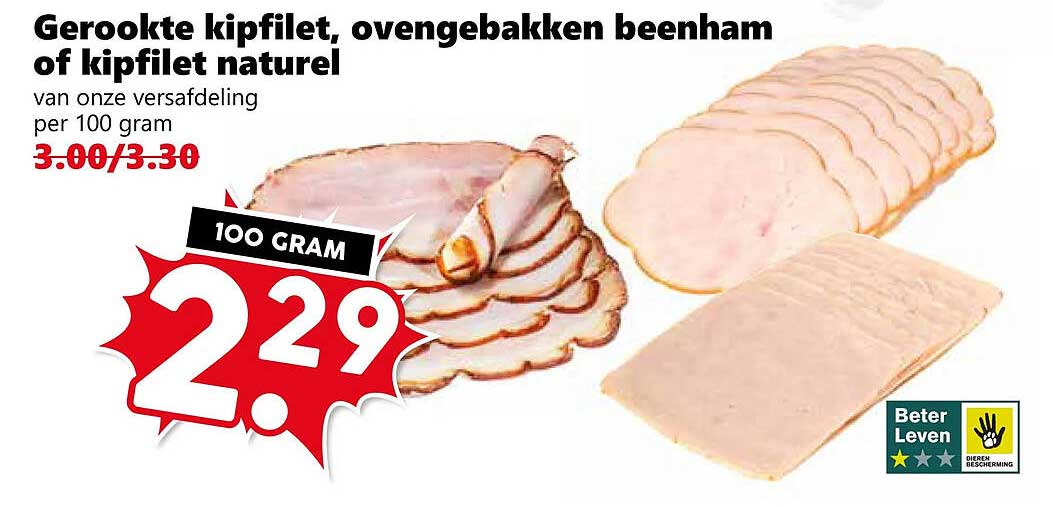 Gerookte kipfilet, ovengebakken beenham of kipfilet naturel