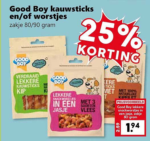 Good Boy kauwsticks en/of worstjes zakje 80/90 gram 25% KORTING