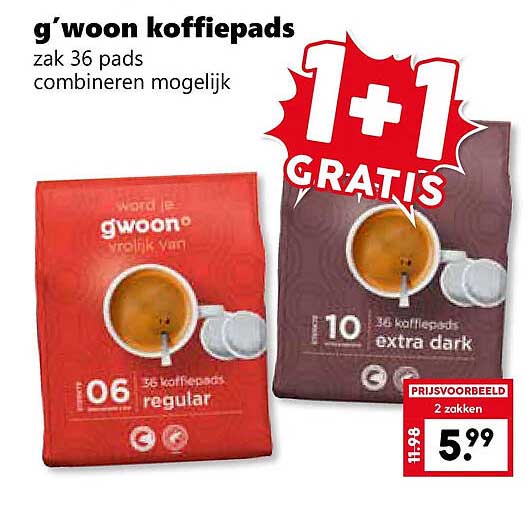 g'woon koffiepads zak 36 pads combineren mogelijk 1+1 GRATIS