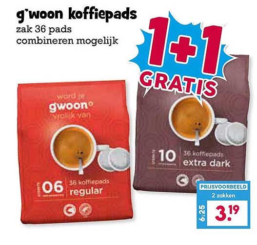 g'woon koffiepads zak 36 pads combineren mogelijk 1+1 GRATIS