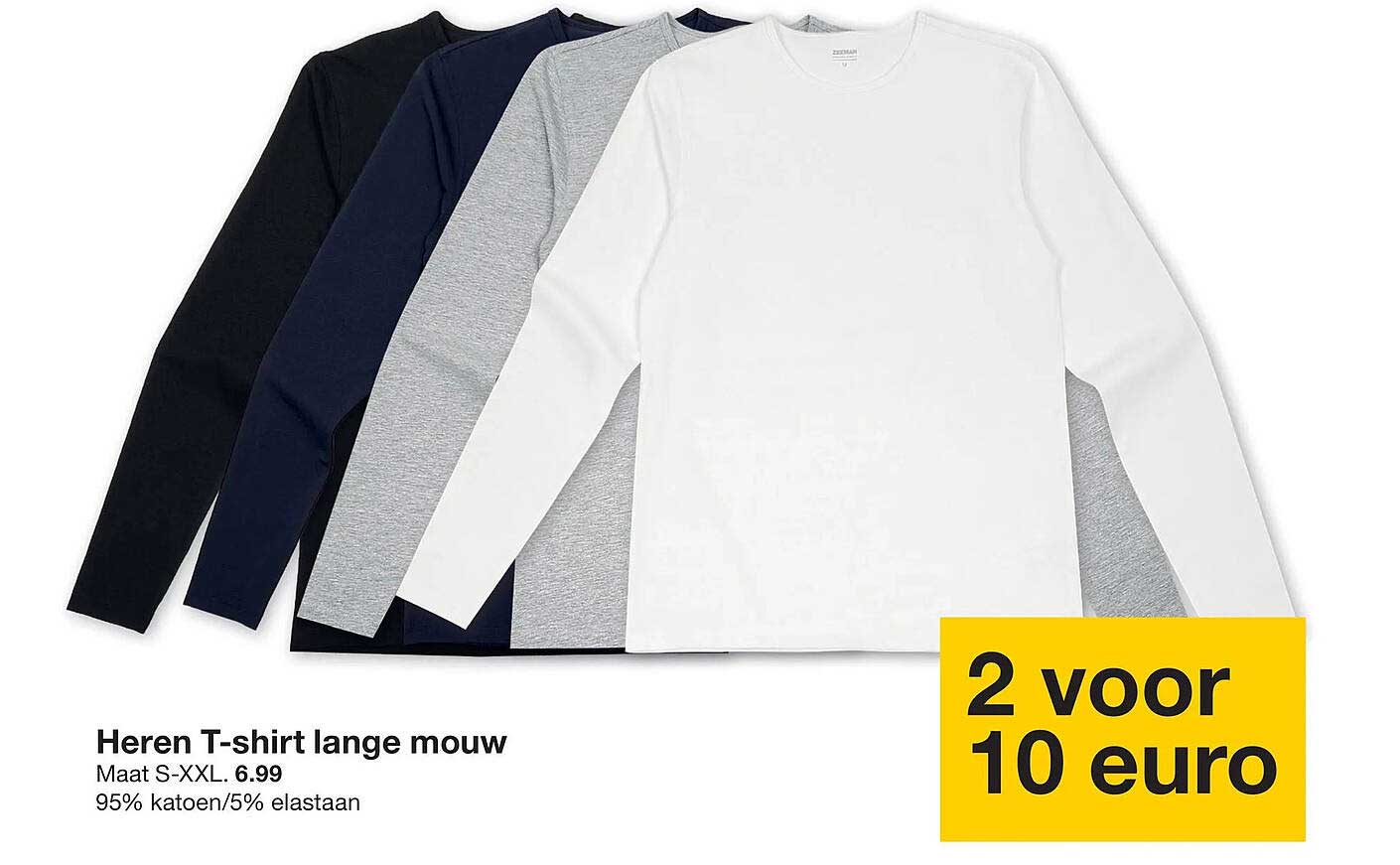 Heren T-shirt lange mouw 2 voor 10 euro