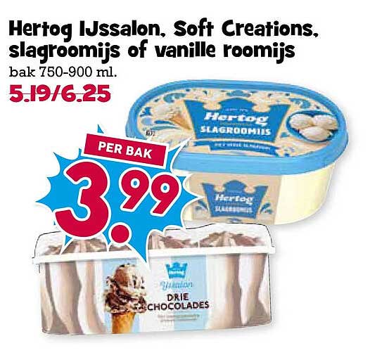 Hertog IJssalon, Soft Creations, slagroomijs of vanille roomijs
